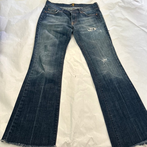 7 For All Mankind Denim - 7 For All Mankind Womens Flare Jeans‎ Blue Distressed Frayed Hem Size 29 Ombre